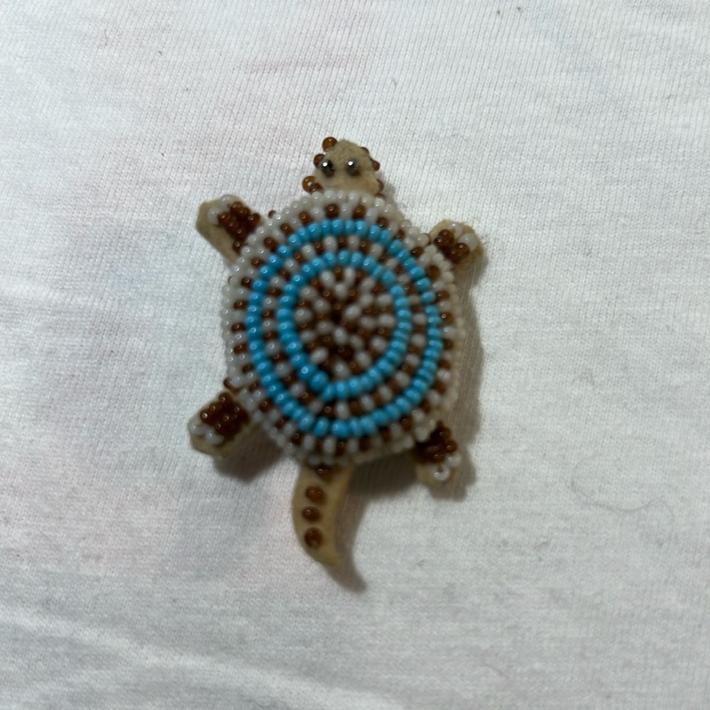 Fabric Turtle pin with turquoise, brown , and white beads.